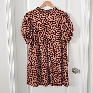 Linen Blend Floral Puff Sleeve Shift Dress, Size L